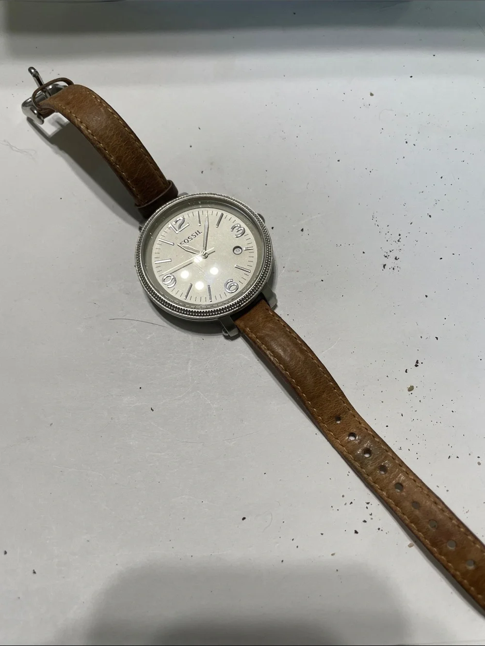 Fossil Silver Dial Watch with Brown Leather Strap.  Needs Battery.